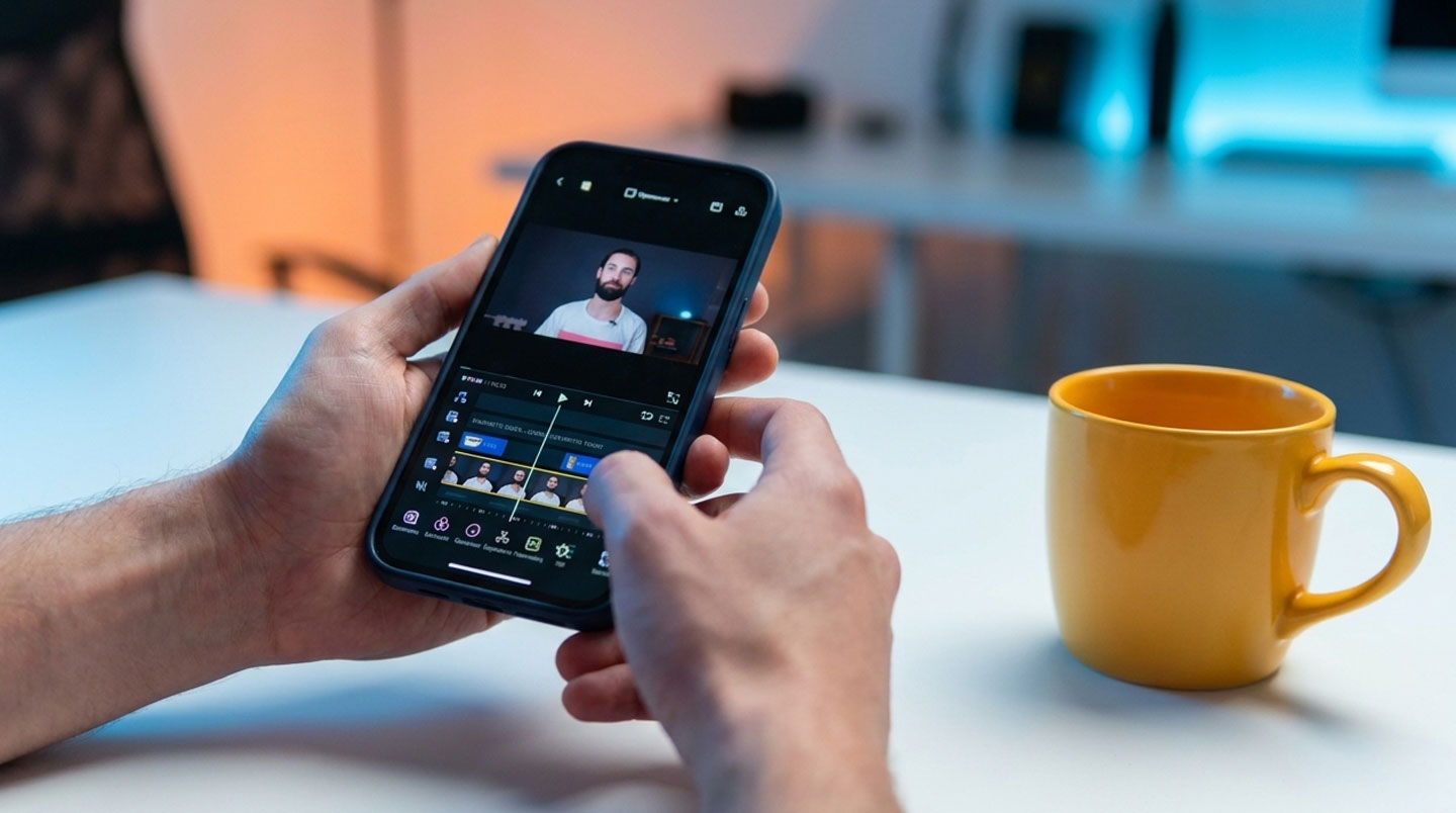 Personne tenant un smartphone affichant une vidéo marketing produite avec un template, en environnement urbain extérieur