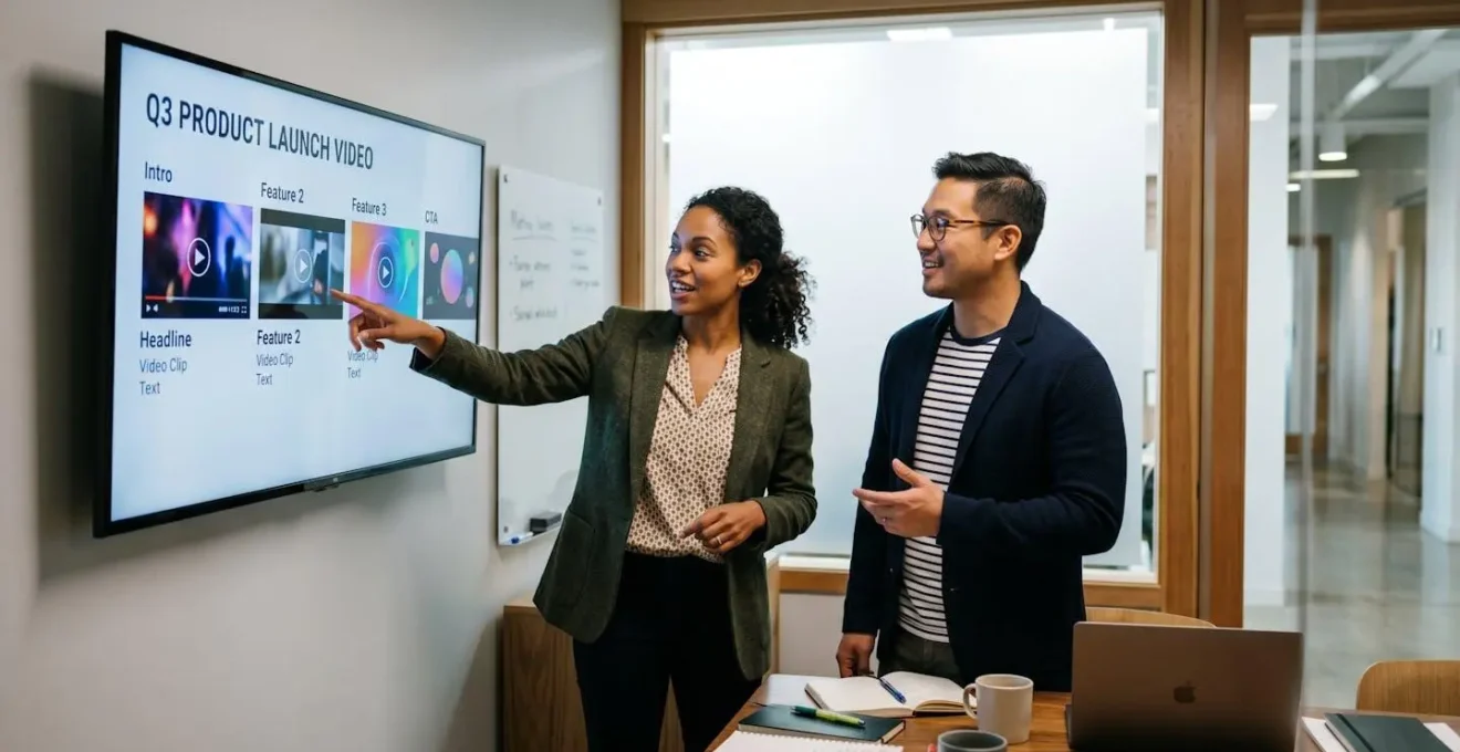 Deux membres d'une équipe marketing validant ensemble une vidéo template sur un grand écran mural en salle de réunion