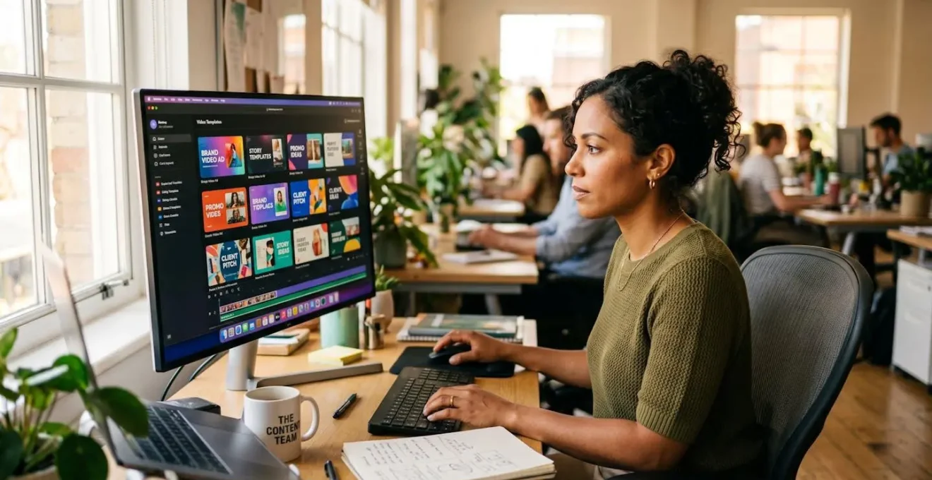 Responsable marketing en train de créer une vidéo avec des templates sur un écran d'ordinateur dans un open space moderne