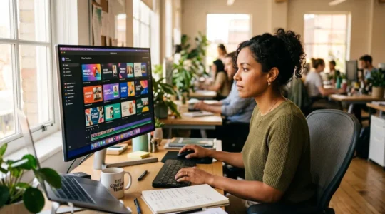 Responsable marketing en train de créer une vidéo avec des templates sur un écran d'ordinateur dans un open space moderne