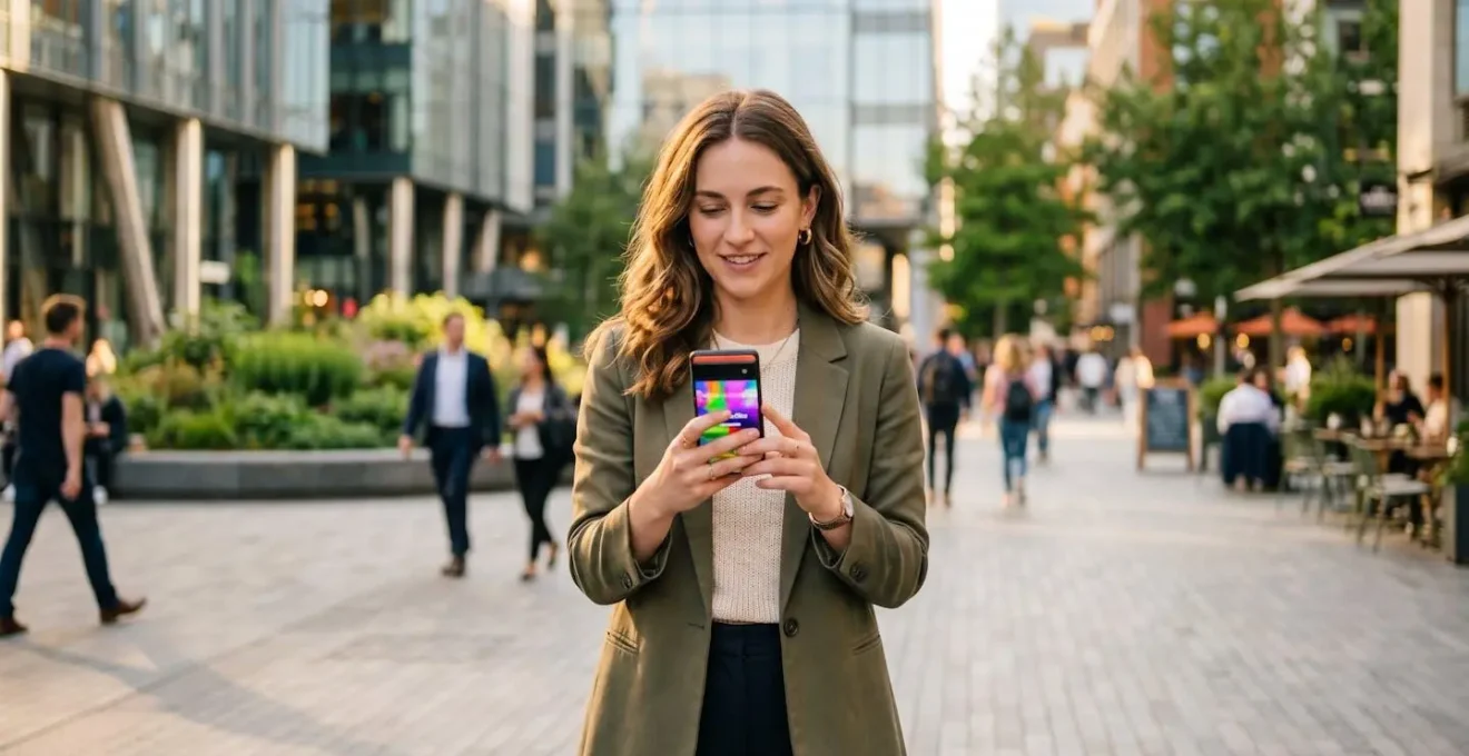 Personne tenant un smartphone affichant une vidéo marketing produite avec un template, en environnement urbain extérieur